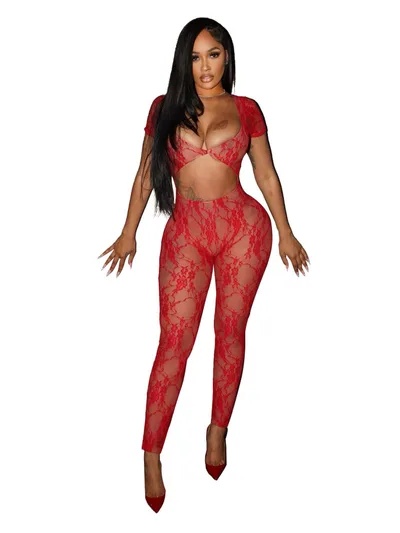 Women's Sexy Lace Sleeve Cropped Jumpsuit Trousers Red - Shop at LoveMi