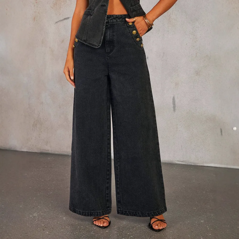 Denim Vest Suits Fashion Sleeveless Button Tops And Wide Leg Straight Pants With Pockets Women's Trousers Set Black - Shop at LoveMi
