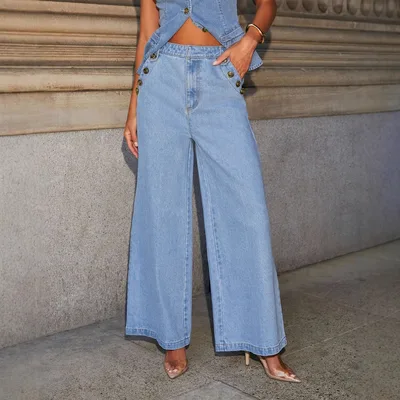 Denim Vest Suits Fashion Sleeveless Button Tops And Wide Leg Straight Pants With Pockets Women's Trousers Set Blue Jeans - Shop at LoveMi