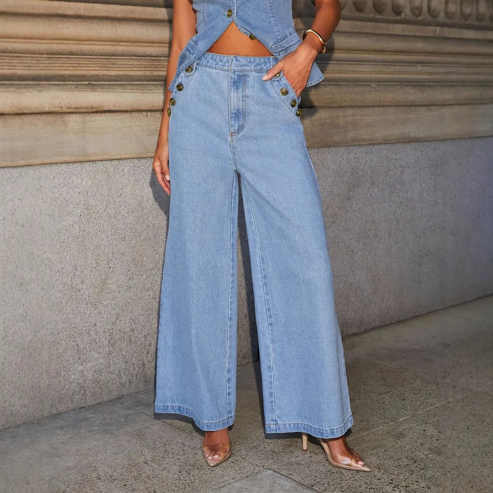 Denim Vest Suits Fashion Sleeveless Button Tops And Wide Leg Straight Pants With Pockets Women's Trousers Set Blue Jeans - Shop at LoveMi