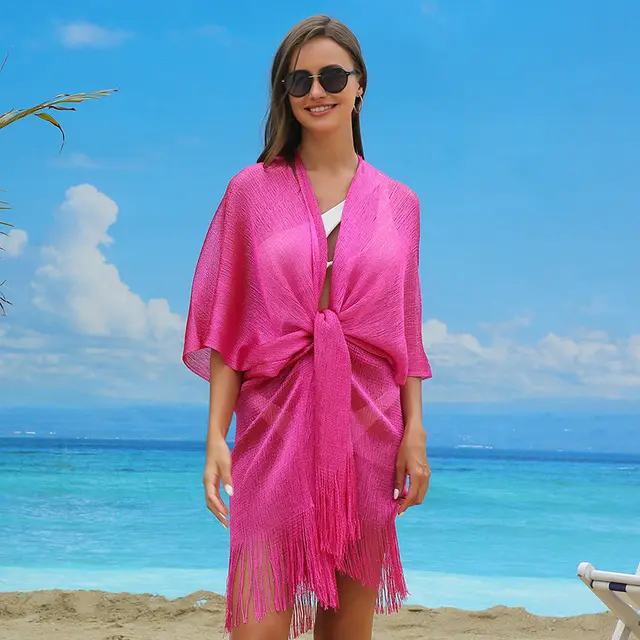 Gold And Silver Silk Split Vacation Beach Blouse Bikini Rose Red - Shop at LoveMi