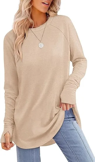 Solid Color Split finger Long sleeved Shirt Loose Mid length Khaki - Shop at LoveMi