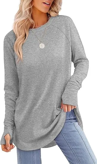 Solid Color Split finger Long sleeved Shirt Loose Mid length Light Gray - Shop at LoveMi