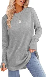 Solid Color Split-finger Long-sleeved Shirt Loose Mid-length - Light Gray