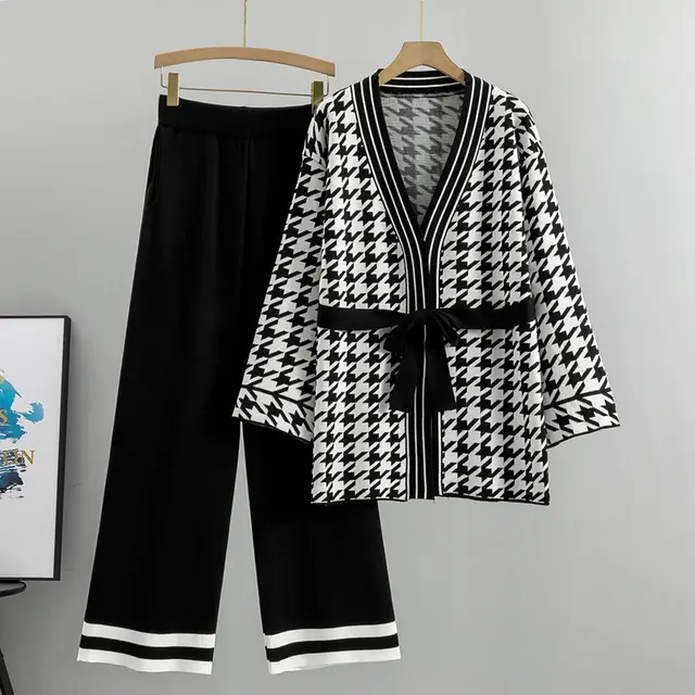 Spring And Autumn Jacquard Houndstooth Knitted Wide leg Pants Two piece Set Black - Shop at LoveMi