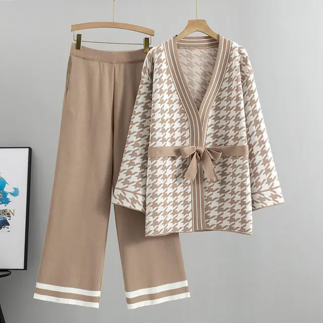 Spring And Autumn Jacquard Houndstooth Knitted Wide leg Pants Two piece Set Khaki - Shop at LoveMi