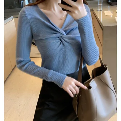 Autumn And Winter Clothing New Kinked Design Slim fit Cashmere Knitwear For Women Blue - Shop at LoveMi