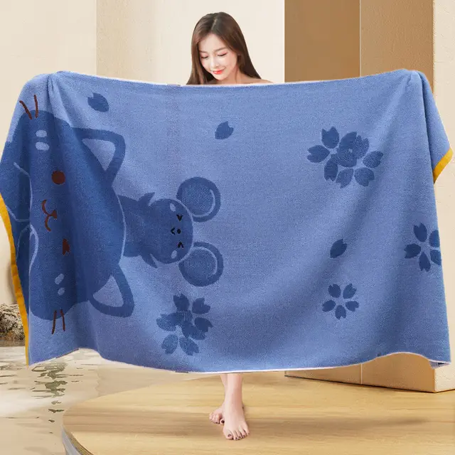 Pure Cotton Bath Towel Household Bath Soft Water absorbing Cotton Cat Mouse Blue - Shop at LoveMi