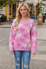 Valentine's Day Round Neck Handmade Beaded Heart Peach Sweater - Rose Red