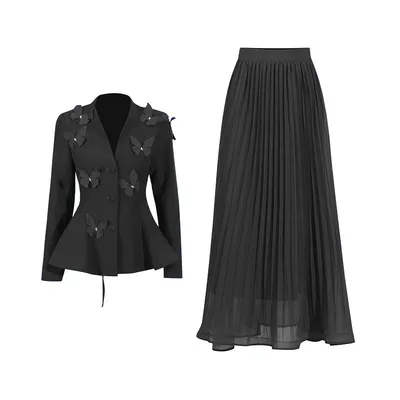 Women's All match Loose Three dimensional Flower Ruffles Long Sleeve Skirt Suit Black - Shop at LoveMi