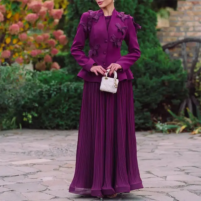 Women's All match Loose Three dimensional Flower Ruffles Long Sleeve Skirt Suit Purple - Shop at LoveMi