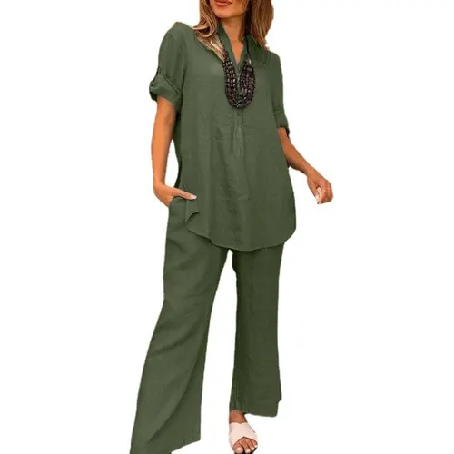 Solid Color Short Sleeve V neck Top And Straight Wide Leg Pants Casual Green - Shop at LoveMi