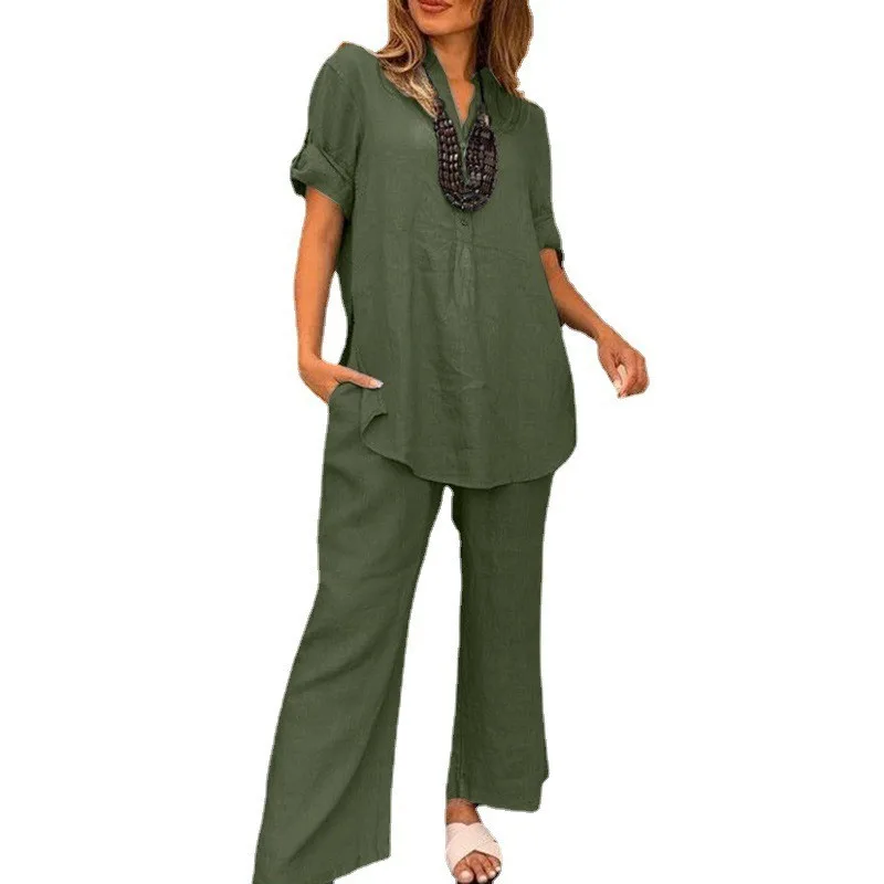 Solid Color Short Sleeve V neck Top And Straight Wide Leg Pants Casual Green - Shop at LoveMi
