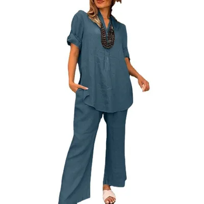Solid Color Short Sleeve V neck Top And Straight Wide Leg Pants Casual Light Blue - Shop at LoveMi