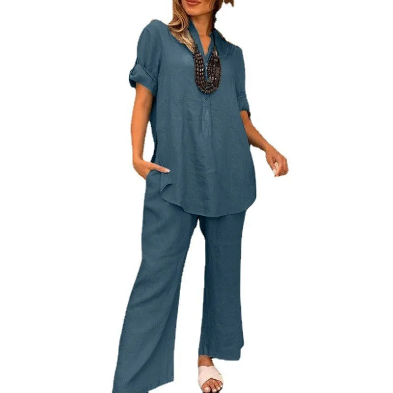 Solid Color Short Sleeve V-neck Top And Straight Wide Leg Pants Casual - Light Blue - View 1