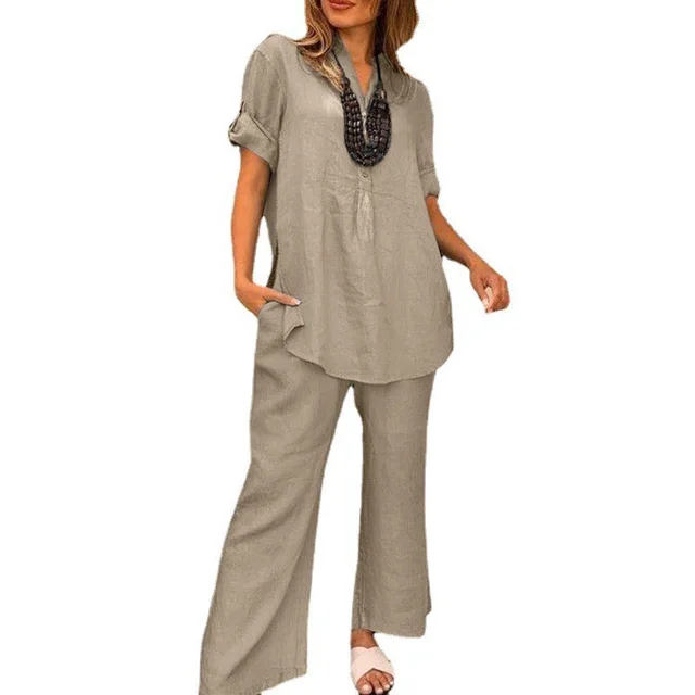 Solid Color Short Sleeve V neck Top And Straight Wide Leg Pants Casual Light Brown - Shop at LoveMi