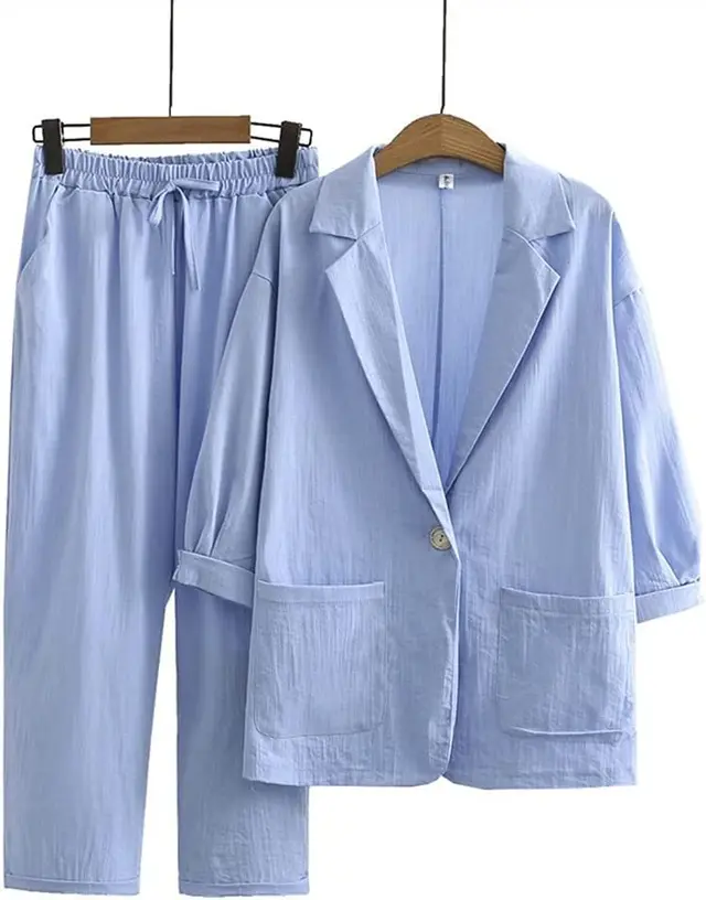 Women's Cotton Linen Coat Pants Fall Loose Fashion Suit Blue - Shop at LoveMi