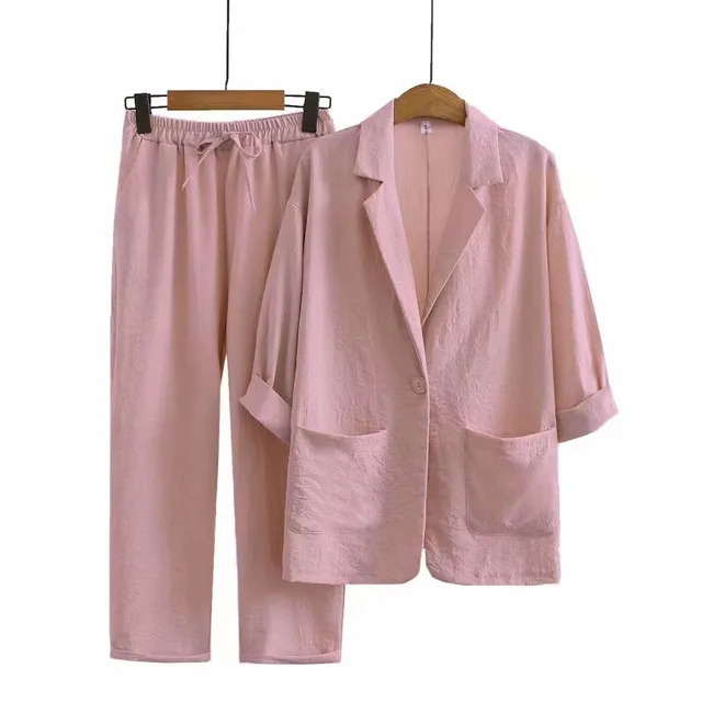 Women's Cotton Linen Coat Pants Fall Loose Fashion Suit Pink - Shop at LoveMi