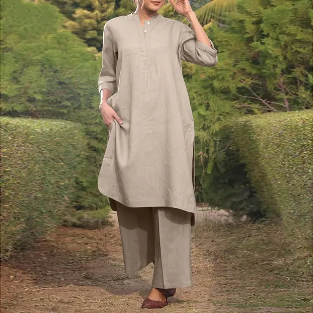 Sports Cotton And Linen V neck 34 Sleeve Wide brimmed Trousers 2 piece Set Apricot - Shop at LoveMi