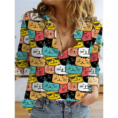 Women's 3d Printed Polka Dot Butterfly Long Sleeve Turn down Collar Casual Shirt Style 5 - Shop at LoveMi