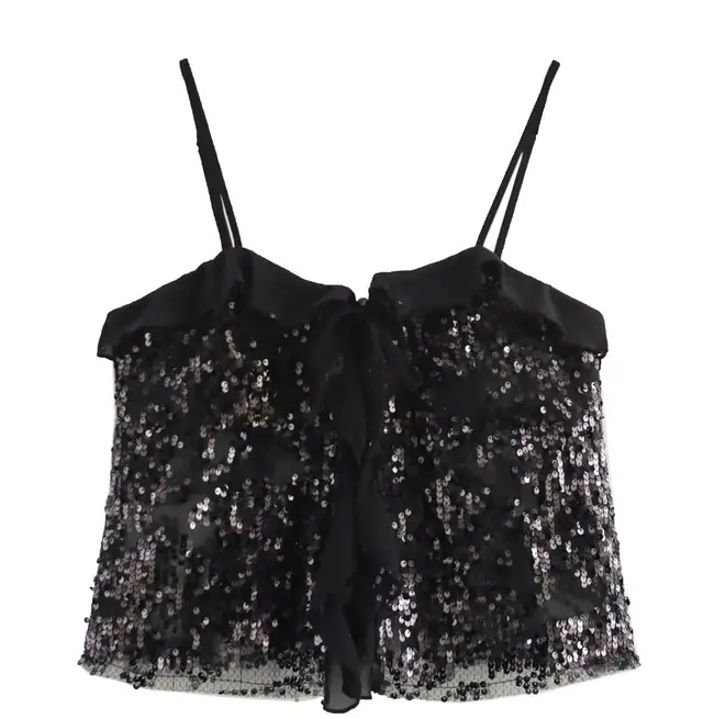 Spaghetti strap Ruffle Lace up Sequin Sling Small Top Black - Shop at LoveMi