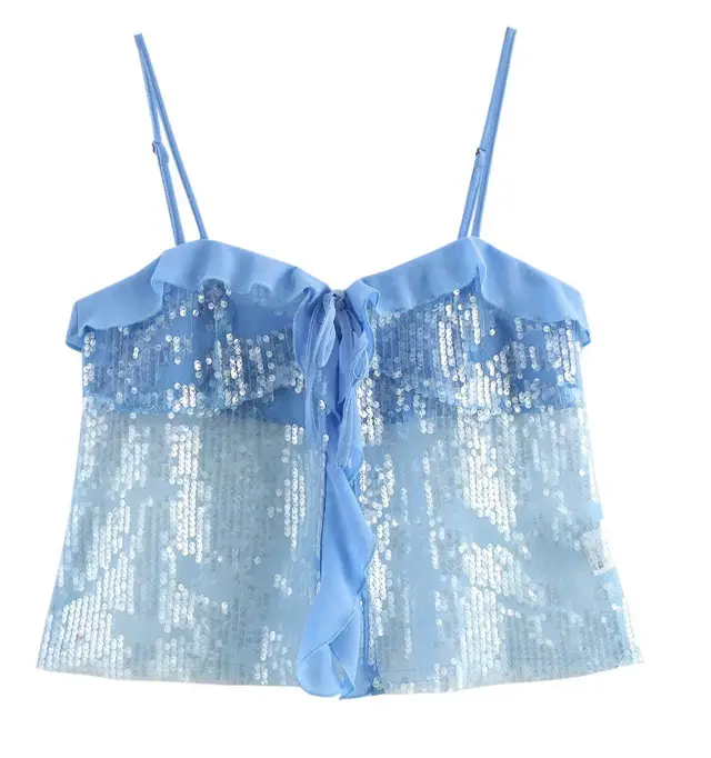 Spaghetti strap Ruffle Lace up Sequin Sling Small Top Blue - Shop at LoveMi