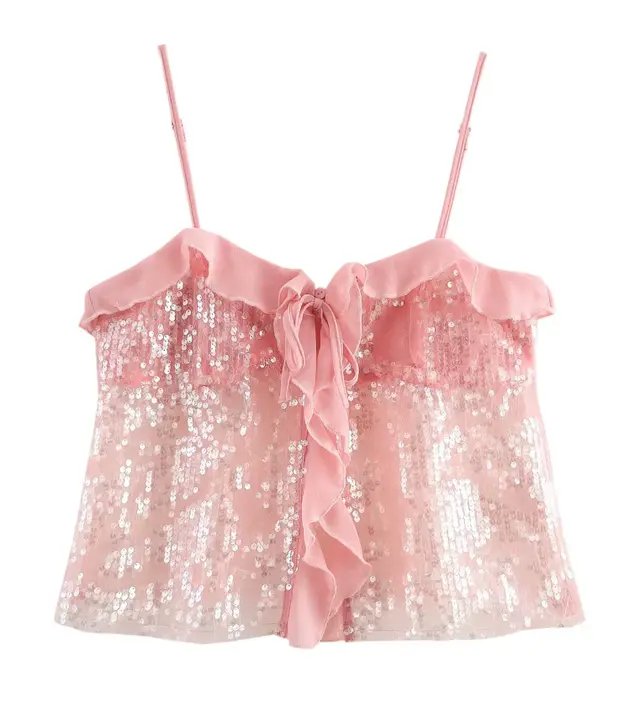 Spaghetti strap Ruffle Lace up Sequin Sling Small Top Pink - Shop at LoveMi