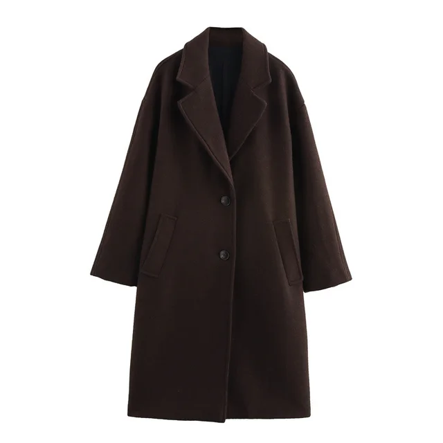Women's Solid Color Polo Collar Baggy Coat Brown - Shop at LoveMi