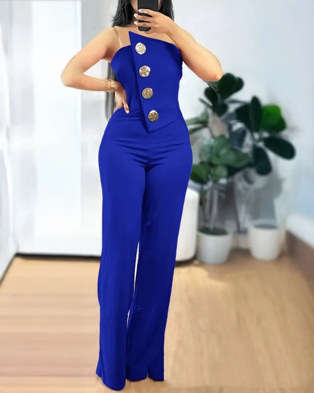 Women's Stitching Asymmetric Hem Jumpsuit Blue - Shop at LoveMi