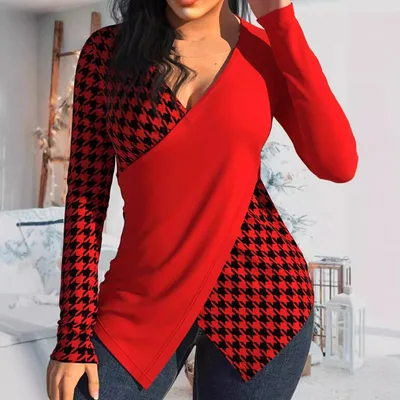 Women's Printed V neck Stitching Long Sleeve T shirt Top Red - Shop at LoveMi
