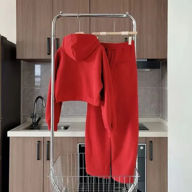 Fashionable Stylish Fleece lined Thickened Hooded Sweatshirt Sweatpants Two piece Set Orange Red Suit - Shop at LoveMi