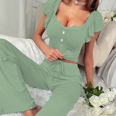 Home Wear Sunken Stripe T shirt Shory Style Top And Trousers Casual Pajamas Suit Rib Lace Flounced Sleeve Green - Shop at LoveMi