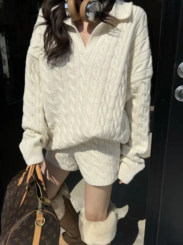 Lapels Slimming Loose Casual Cable knit Sweater Shorts Fashion Suit Beige - Shop at LoveMi