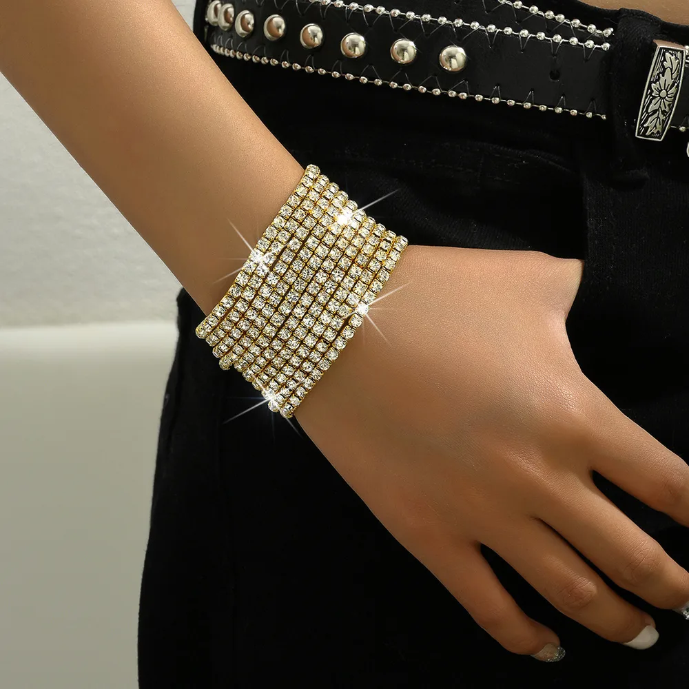 Women's Diamond Elastic Bracelet Wrist Ring Gems - 10 Pieces Of 428 Gold