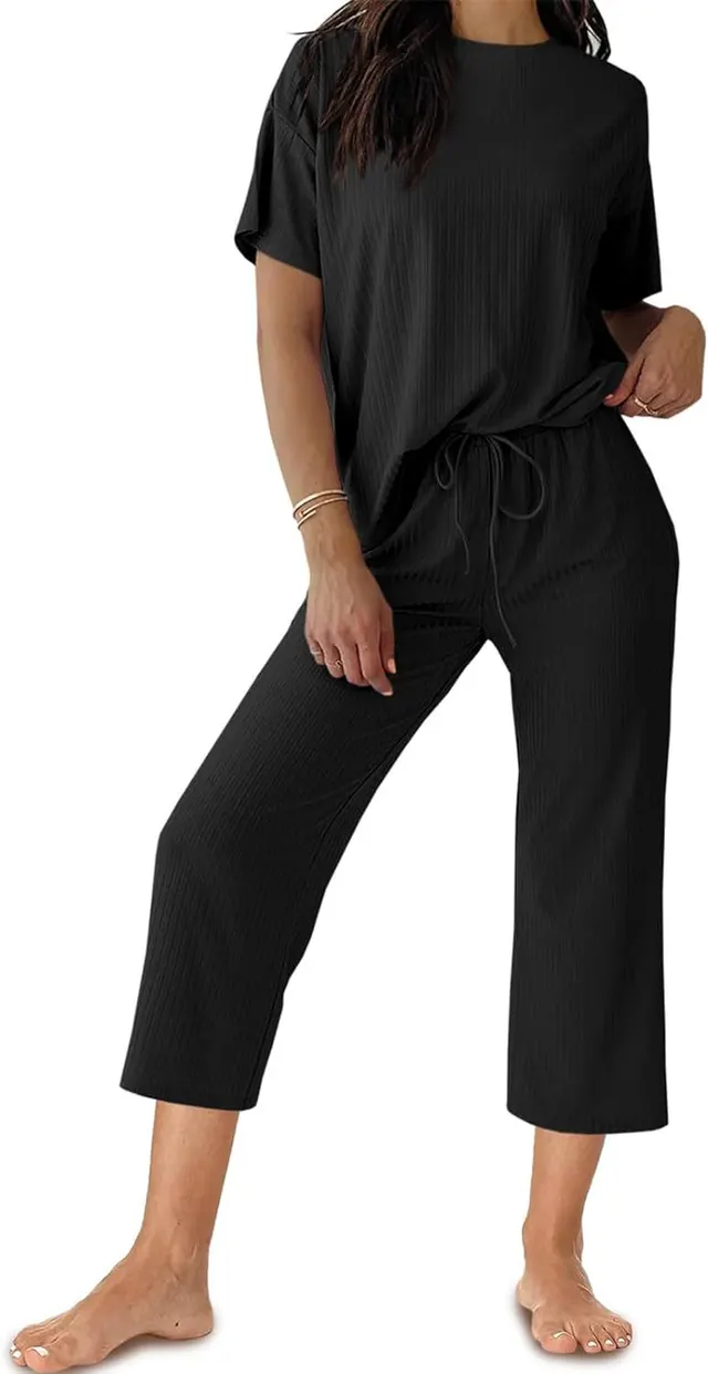 Solid Color T shirt Casual Cropped Pants Set Black - Shop at LoveMi