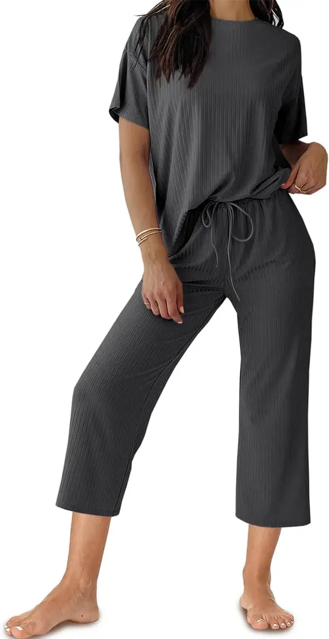 Solid Color T shirt Casual Cropped Pants Set Gray - Shop at LoveMi