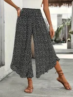 Casual Polka-dot Loose-fitting High Waist Tight Waist Wide Leg Pants - Black
