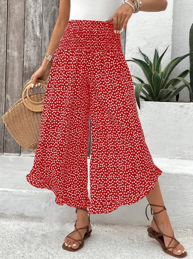 Casual Polka dot Loose fitting High Waist Tight Waist Wide Leg Pants Red - Shop at LoveMi