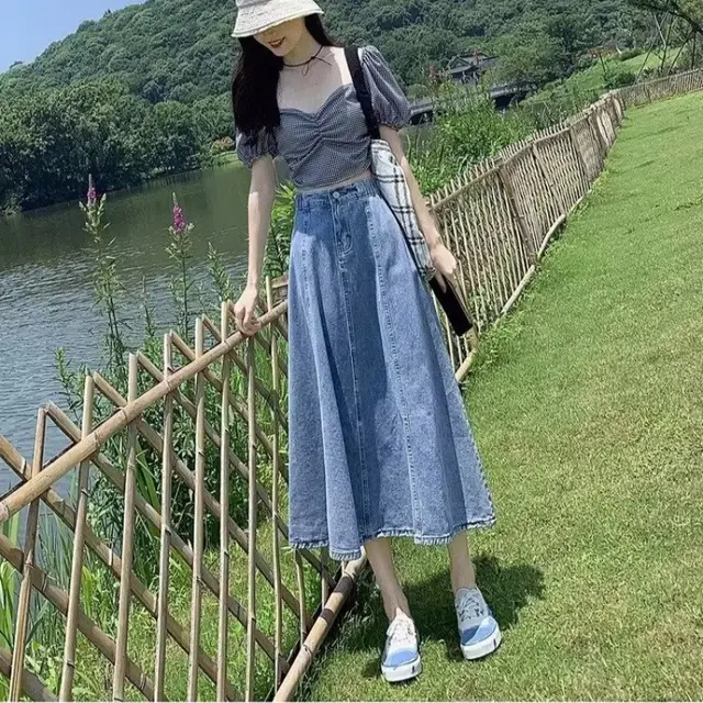 Denim A Line High Waist Umbrella Skirt Light Blue - Shop at LoveMi
