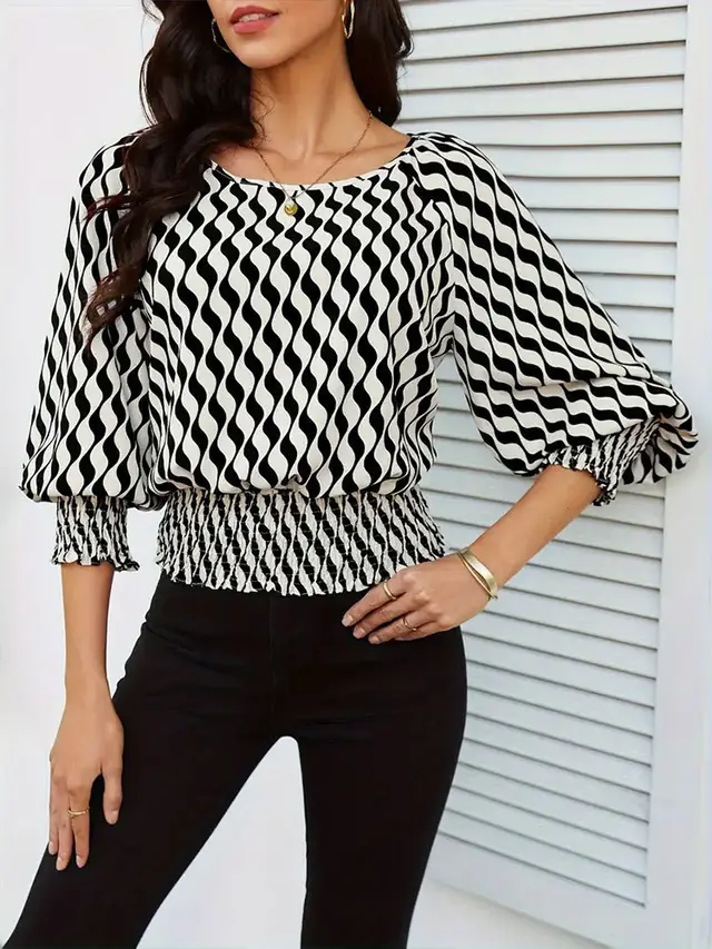Women's Lamp Bishop Sleeves Top Female Waist Trimming Short Apricot Bottom Black Flower - Shop at LoveMi