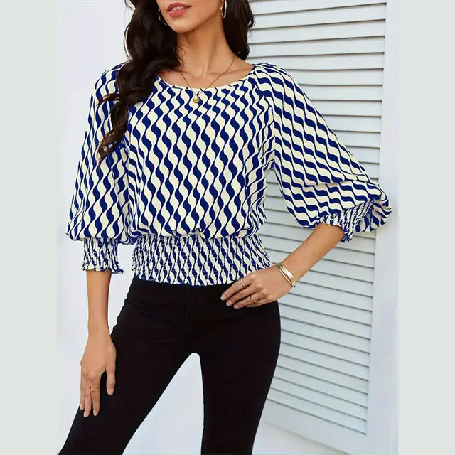Women's Lamp Bishop Sleeves Top Female Waist Trimming Short Apricot Bottom Blue Pattern - Shop at LoveMi