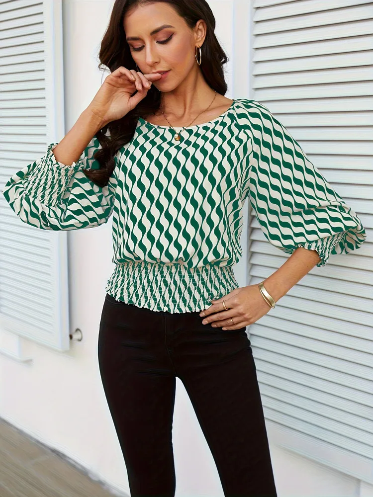 Women's Lamp Bishop Sleeves Top Female Waist Trimming Short Green - Shop at LoveMi