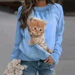 Loose Cat 3D Digital Printing Long Sleeve Crew Neck Sweater Women - Sky Blue