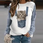 Loose Cat 3D Digital Printing Long Sleeve Crew Neck Sweater Women - White