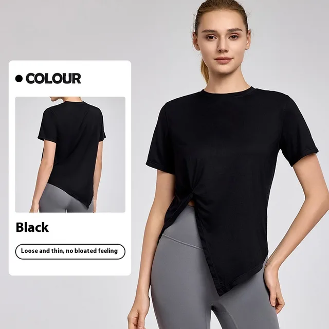 New Yoga Wear Short Sleeve Split Breathable Exercise Top Black - Shop at LoveMi