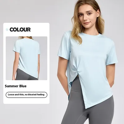 New Yoga Wear Short Sleeve Split Breathable Exercise Top Summer Blue - Shop at LoveMi