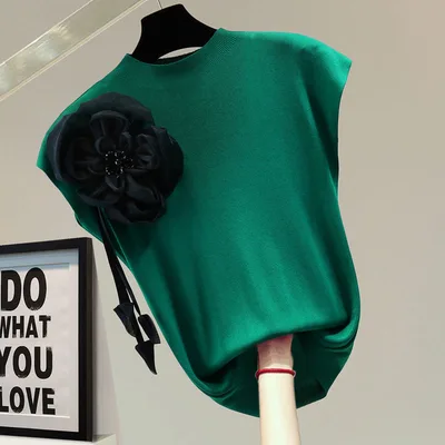 Exquisite Flowers Beaded Sleeveless T shirt Green - Shop at LoveMi