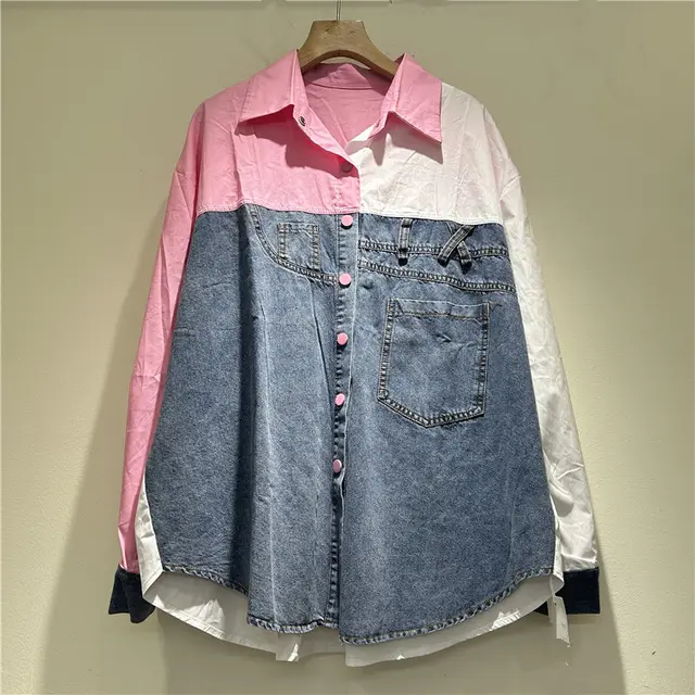 High grade Denim Long Sleeve Loose Shirt Women Pink - Shop at LoveMi