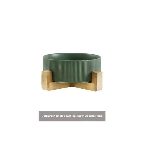 Pet Simple Wooden Frame Anti tumble Ceramic Bowl Green Belt Wooden Frame - Shop at LoveMi