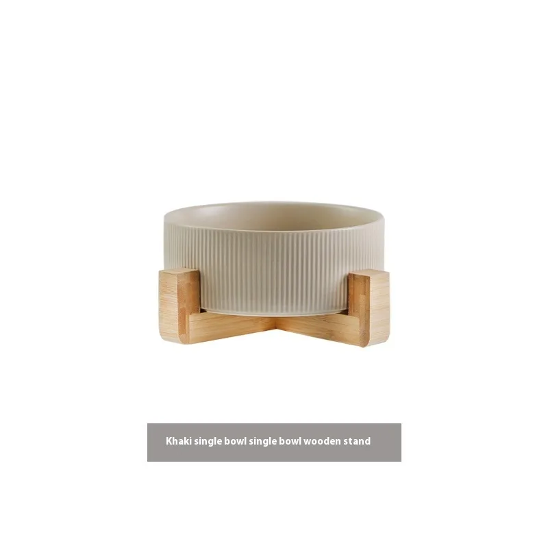 Pet Simple Wooden Frame Anti tumble Ceramic Bowl Khaki With Wooden Frame - Shop at LoveMi